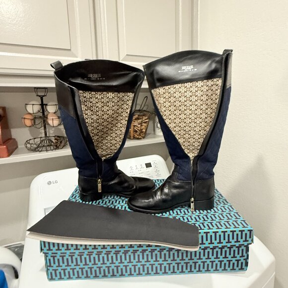 Tory Burch Black Leather & Blue Quilted Roslie Tall Riding Boots with Gold Logo - Picture 5 of 17